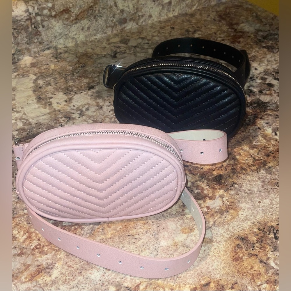2 Stylish Pink and Black Faux Leather Quilted Women's Belt Bags
